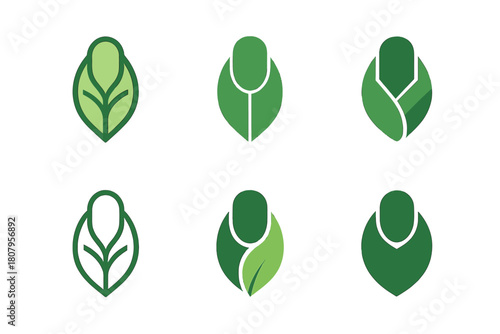 Natural Nails Icons. Natural nails. Icon set. Set Logo of natural nails: leaf forming a nail tip shape. harmonious logo variations of the same emblematic