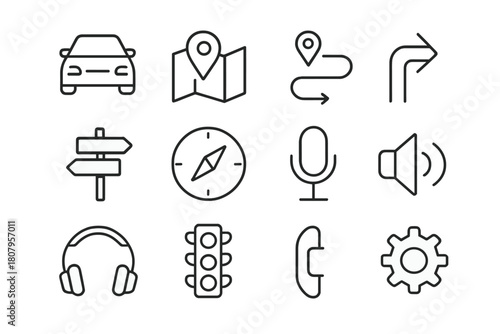 Interactive Navigation Icons. Interactive navigation system. Line icon set of Interactive navigation system: car, map, GPS pin, route line, turn arrow, street