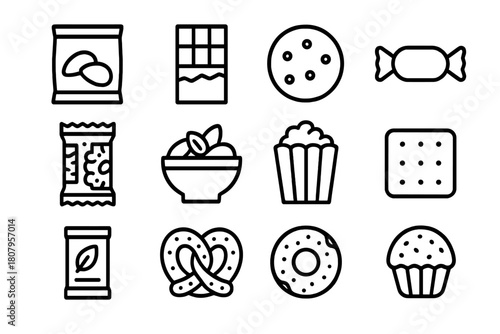 Snack Icon Set. Snacks. Line icon set of Snacks: chips, popcorn, pretzel, nuts, chocolate bar, candy, cookie, granola bar, trail mix, crackers, fruit bar,