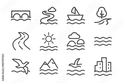 Rivers and Bridges Icons. Rivers and bridges. Line icon set of rivers and bridges: bridge, river, boat, tree, road, sun, cloud, rock, waves, bird, mountain,