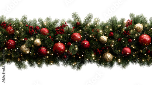 Christmas garland with red and gold ornaments isolated on white background