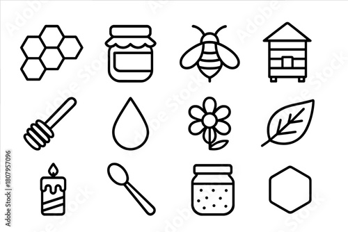 Bee Products Icons. Bee products. Line icon set of bee products: honeycomb, honey jar, bee, hive, honey dipper, droplet, flower, leaf, wax candle, spoon,