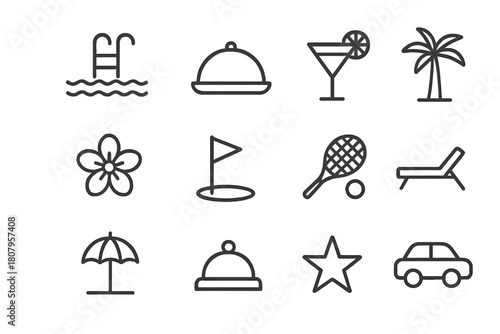 Resort Icons Set. Resort Amenities. Line icon set of Resort Amenities: swimming pool, restaurant plate, cocktail glass, palm tree, spa flower, golf flag,