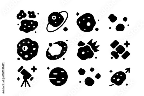 Asteroids Icon Collection. Asteroids and space rocks. Solid icons set of Asteroids and space rocks: asteroid cluster, orbit line, cratered rock,