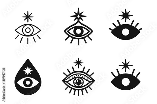 Mythology Eye Logos. Mythology stories. Icon set. Set Logo of mythology stories: mystical eye. harmonious logo variations of the same emblematic concept, each