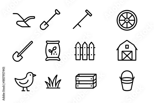 Forgotten Farm Icons. Forgotten Farm Tools. Line icon set of Forgotten Farm Tools: plow, shovel, rake, wheel, hoe, seed sack, fence, barn, bird, grass, crate,
