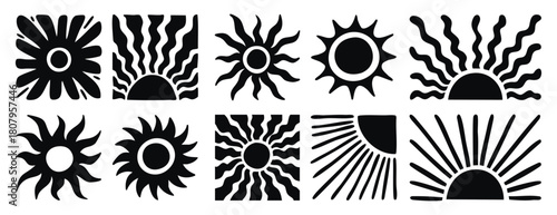 Boho suns set with aesthetic and mystical art vibe. Monochrome line art, hand drawn.