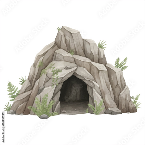 Watercolor prehistoric cave vector isolated on white background ancient rock cave dinosaur habitat
