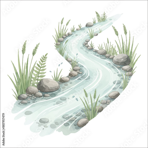 Watercolor prehistoric river vector isolated on white background ancient stream dinosaur environment

