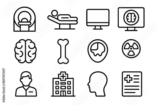 CT Scan Icons. CT scan. Line icon set of CT scan: CT scanner, patient on bed, monitor, brain image, bone, cross-section, technician, hospital building,