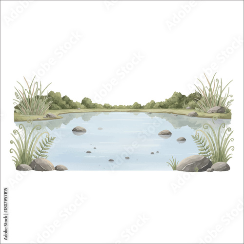 Watercolor prehistoric lake vector isolated on white background ancient lagoon dinosaur environment
