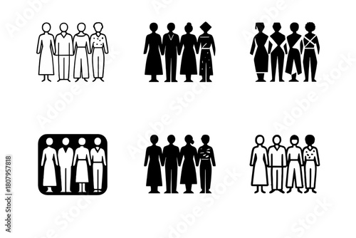Fashion Diversity Logos. Diversity in fashion. Icon set. Set Logo of diversity in fashion: interconnected silhouettes wearing different clothing styles.