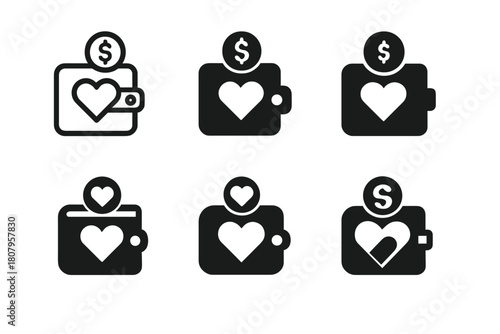 Family Budget Icons. Family budgeting. Icon set. Set Logo of family budgeting: interlocking home and coin symbols. harmonious logo variations of the same