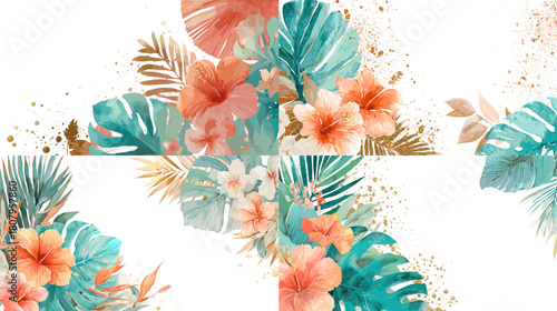 Vibrant watercolor illustration of hibiscus flowers with tropical leaves in bright coral and teal tones. Perfect for summer themes botanical decor beach design and exotic floral artwork.