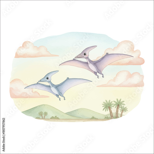 Watercolor flying pteranodon vector isolated on white background prehistoric sky scene
