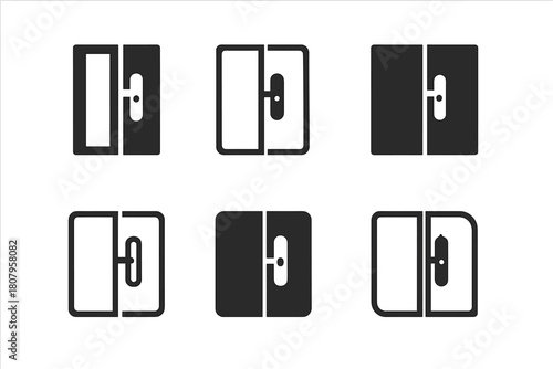 Sliding Door Logos. Sliding doors. Icon set. Set Logo of sliding doors: glass patio slider with two panels and central handle. harmonious logo variations of