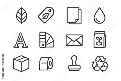 Eco Line Art Icons. Green branding design. Line icon set of green branding design: leaf logo, eco tag, kraft paper, ink droplet, typography, color palette,