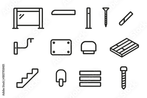 Balcony Railing Icons. Balcony railing. Line icon set of balcony railing: glass panel, handrail, post, screw, wall bracket, base plate, end cap, floor, deck,