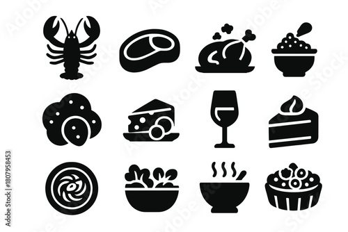 Luxury Dining Icons. Luxury Dining. Solid icon set of Luxury Dining: lobster, steak, roasted turkey, caviar, truffle, cheese platter, wine glass, chocolate