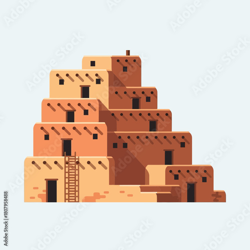 Adobe-Style Pueblo Architecture Illustration of Ancient Southwestern Building