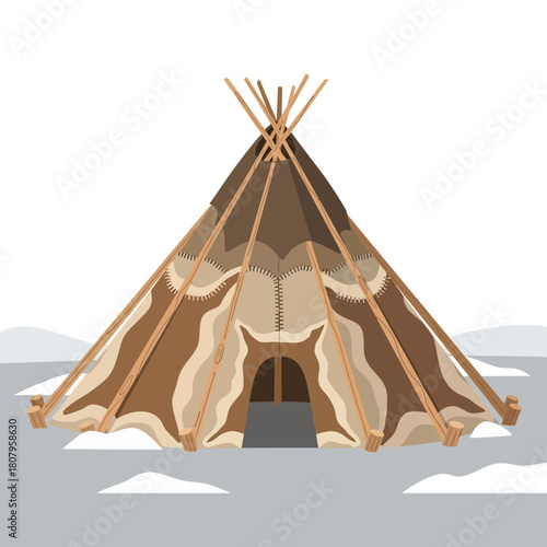 Cozy native american tipi structure in a snowy landscape illustration