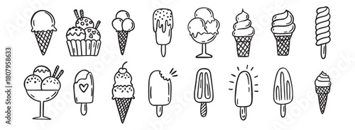 ice cream doodle hand drawn icon set. Outline drawing ice cream line clipart symbol collection