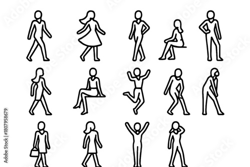 Fashion Pose Icons. Fashion runway poses. Line icon set of Fashion runway poses: catwalk, twirl, walking pose, hand on hip, glance back, seated pose, jumping