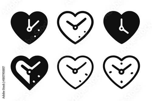 Relationship Distance Logos. Distance in relationship. Icon set. Set Logo of distance in relationship: clock and heart fusion. harmonious logo variations of