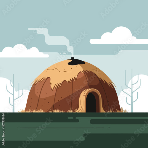 Native american wigwam in a serene winter landscape illustration art