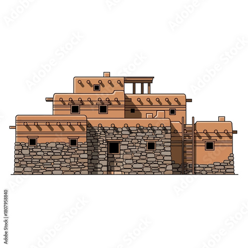 Native American Pueblo Illustration with Adobe Style Architecture