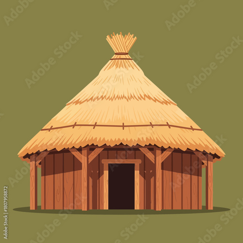 Simple hut illustration with thatched roof and rustic timber construction