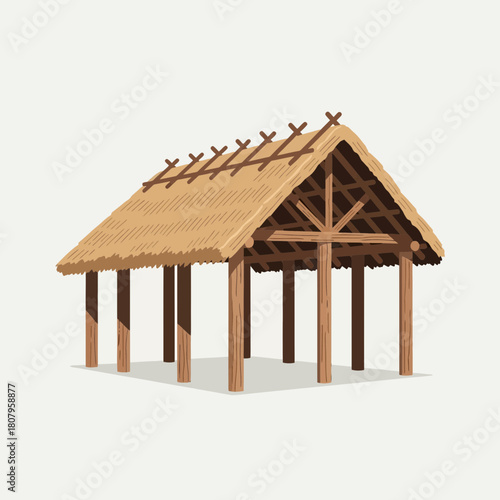 Simple thatched roof structure standing on wooden pillars, traditional design