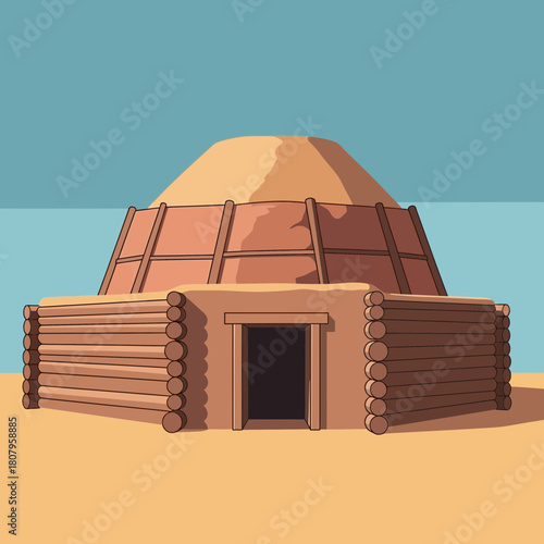 Simple Illustration of Log Cabin with Dome Roof in Desert Setting