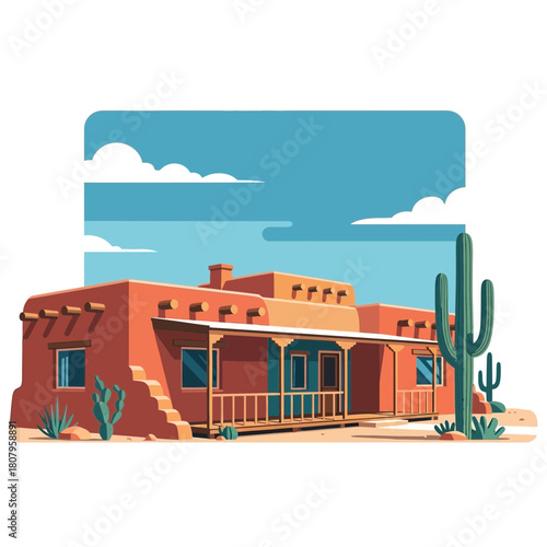 Stylized adobe house illustration in a minimalist desert landscape setting