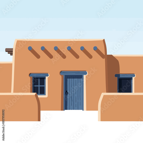 Stylized adobe house illustration with blue accents under a serene sky