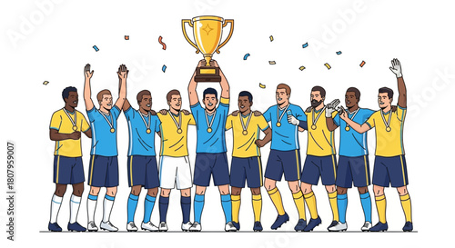 Soccer team celebrating victory holding a golden trophy with confetti falling.