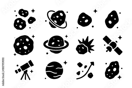 Asteroids Icon Collection. Asteroids and space rocks. Solid icons set of Asteroids and space rocks: asteroid cluster, orbit line, cratered rock,