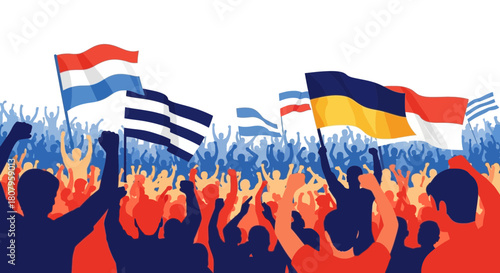 Crowd of people waving flags at a sporting event or protest.