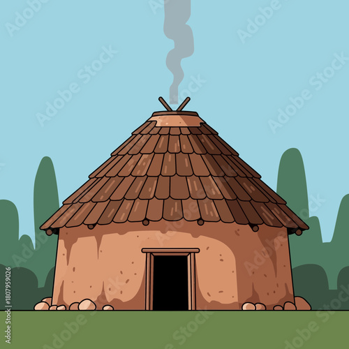 Whimsical Neolithic Dwelling with Cartoonish Style amid Lush Greenery