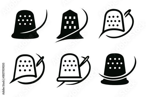 Creative Stitching Logos. Hand stitching. Set Logo of Hand stitching: thimble and curved needle motion. harmonious logo variations of the same emblematic