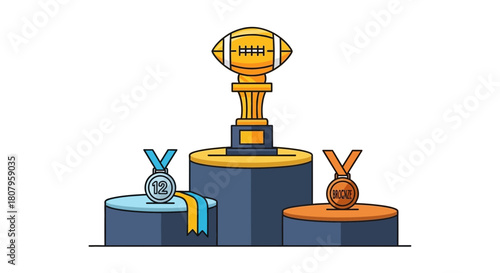 American football trophy with gold silver and bronze medals on a winners podium.