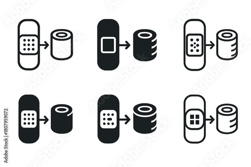 Bandage Icon Set. Bandages and gauze. Icon set. Set Logo of bandages and gauze: scissors cutting gauze strip. harmonious logo variations of the same emblematic