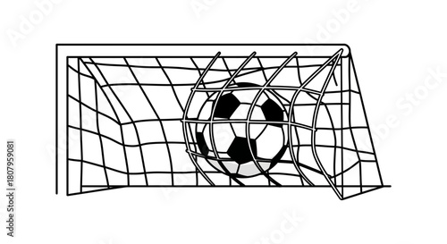 Monochrome line art illustration of a soccer ball scoring a goal.