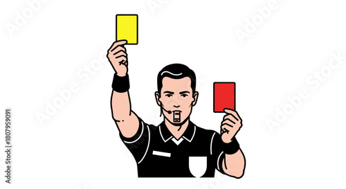 Cartoon illustration of a soccer referee holding red and yellow cards.