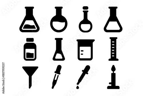 Laboratory Flask Icons. Laboratory Flasks. Solid icon set of Laboratory Flasks: Erlenmeyer flask, round-bottom flask, volumetric flask, Florence flask, reagent