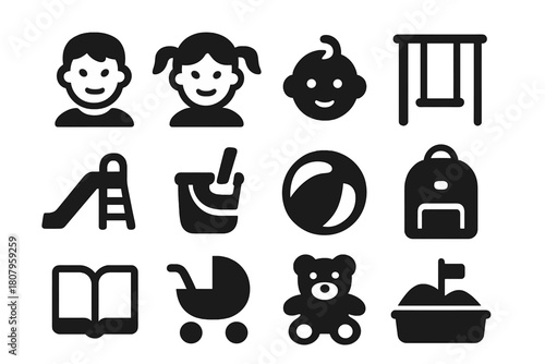 Kid's Play Icons. Kids Play. Solid icon set of Kids Play: boy, girl, baby, swing, slide, toy, ball, backpack, school book, stroller, teddy bear, sandbox.