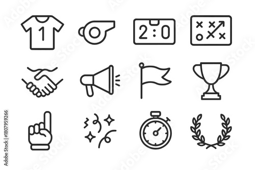 Team Sports Icons. Team sports motivation. Line icon set of team sports motivation: jersey, whistle, scoreboard, strategy board, handshake, megaphone, team