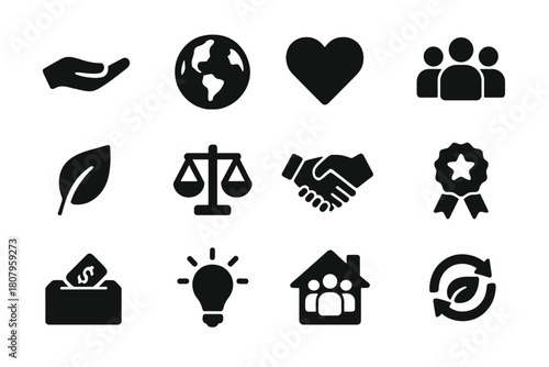 Social Responsibility Icons. Social responsibility. Solid icon set of Social responsibility: helping hand, globe, heart, people group, leaf, balance scale,