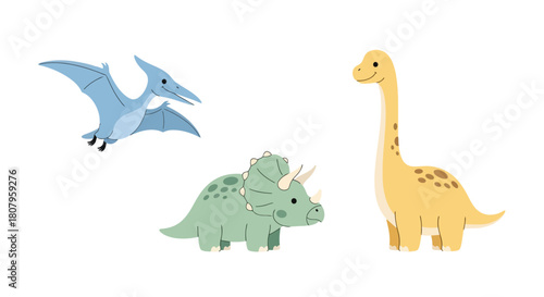 Cute Cartoon Dinosaurs Set: Pterodactyl, Triceratops, Brontosaurus, Isolated.