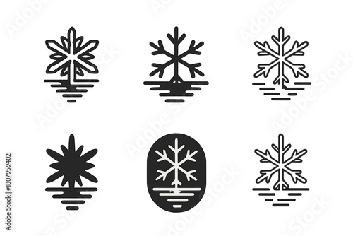Icy Pond Logo Grid. Ice crystals on a frozen pond. Icon set. Set Logo of Pond Reflection: Icy mirror effect. Abstract geometric, Filled silhouette, Flat solid,